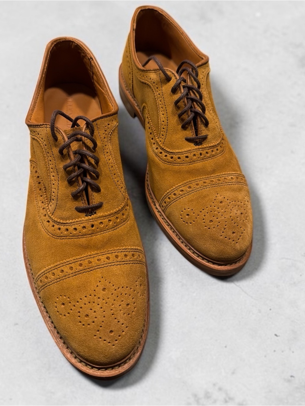 Allen Edmonds Mustard Tan Suede Brogue Oxfords